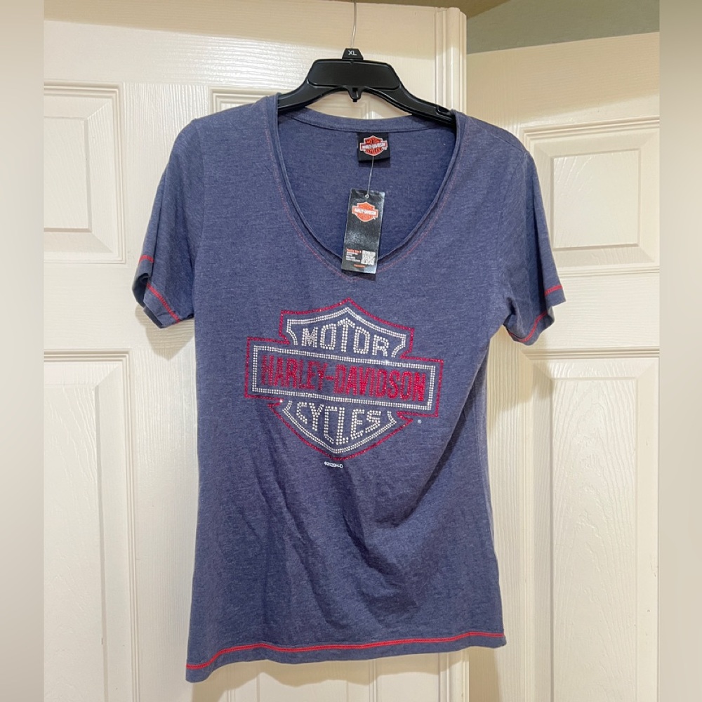 Harley‎ Davidson Tombstone T-Shirt Womens Small Blue Sequence Bravado Scoop Neck